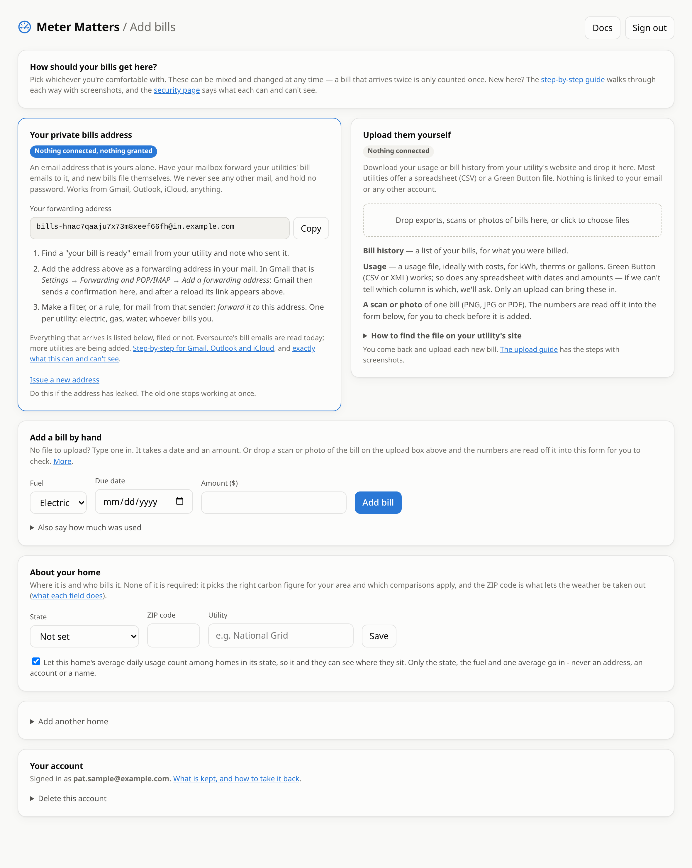 The Add bills page: a private forwarding address, an upload box, a form for typing a bill in, and the About your home card
