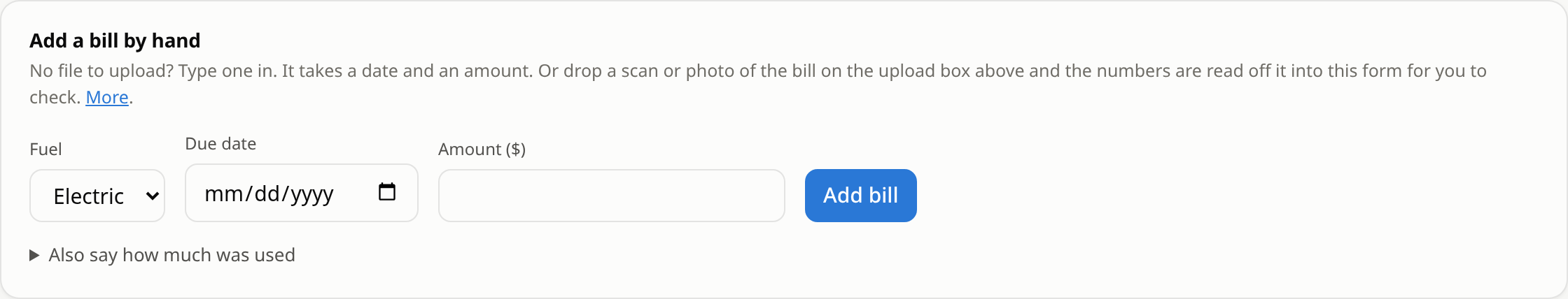 The Add a bill by hand form: fuel, due date, amount, and a fold-out for how much was used