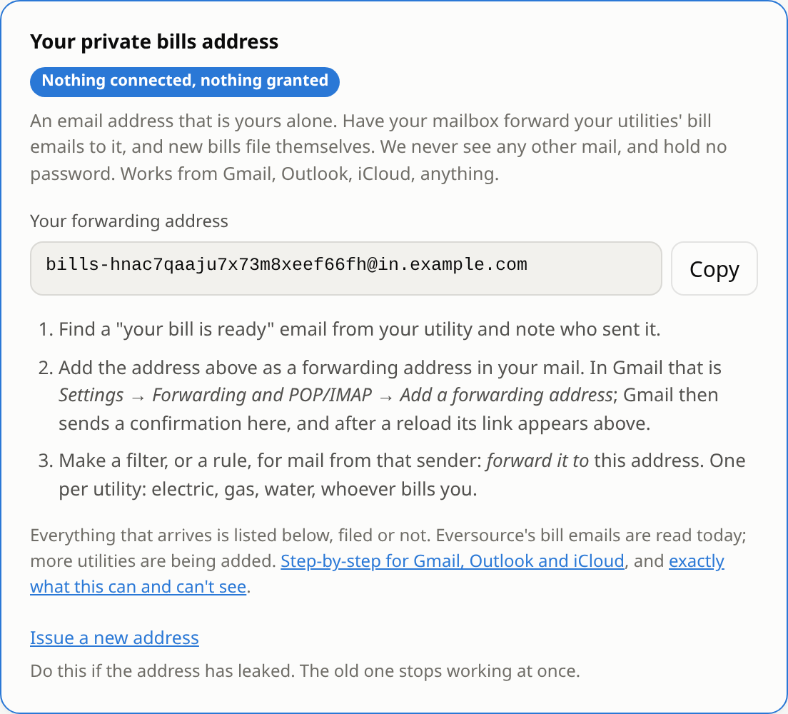 The Your private bills address card with the address, a Copy button, and the three steps