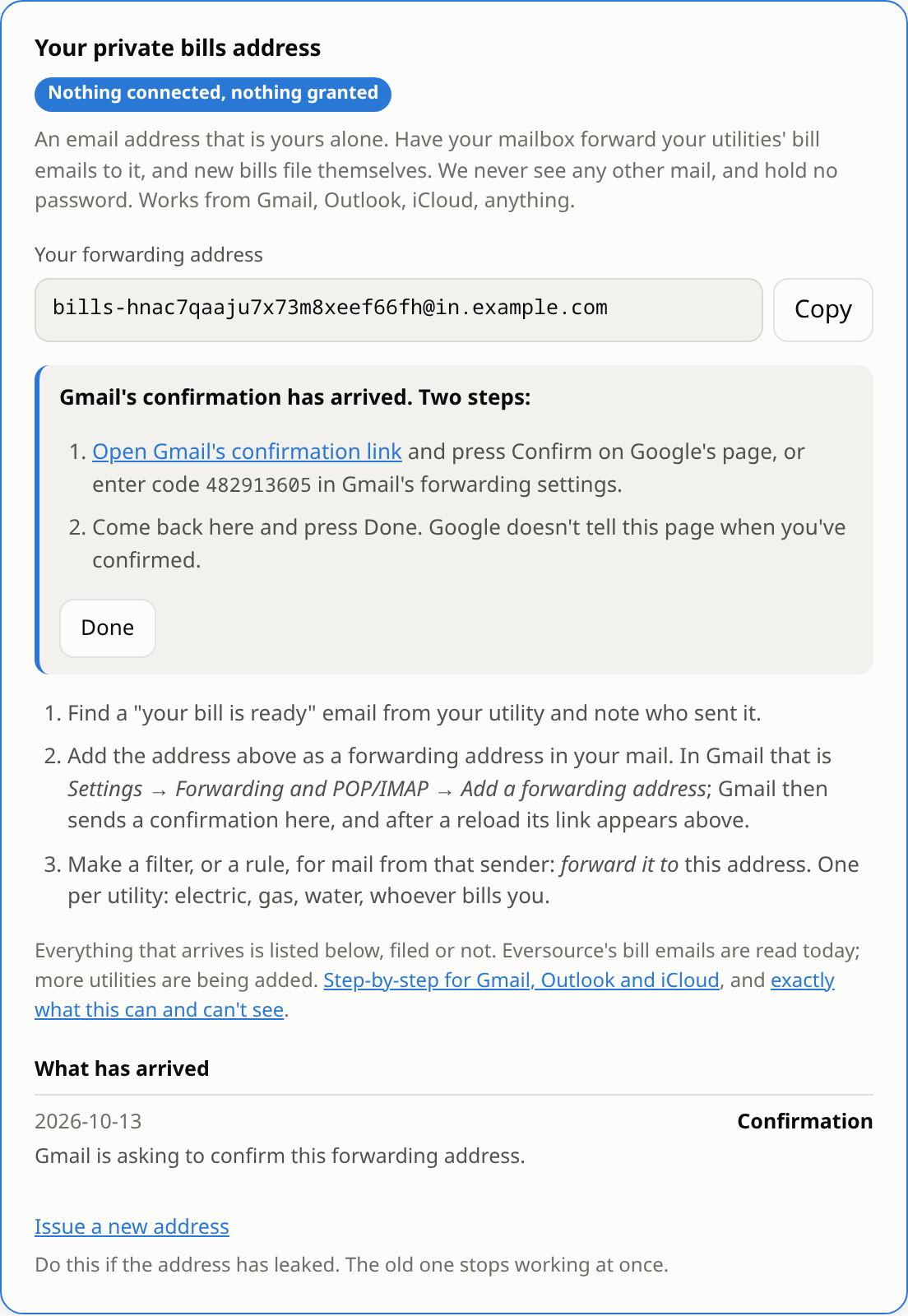 The card with Gmail's confirmation waiting: a link to Google's page, the code, and a Done button