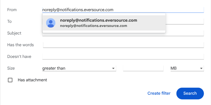Gmail's search options panel with From set to noreply@notifications.eversource.com and the Create filter button