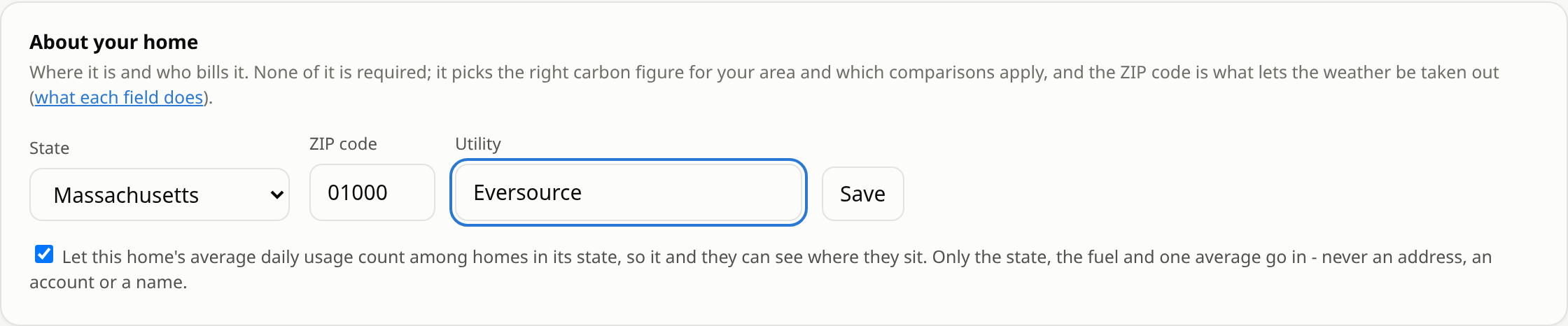 The About your home card: state, ZIP code, utility, and the similar-homes checkbox