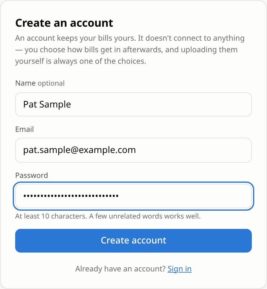 The Create an account form: name, email, password