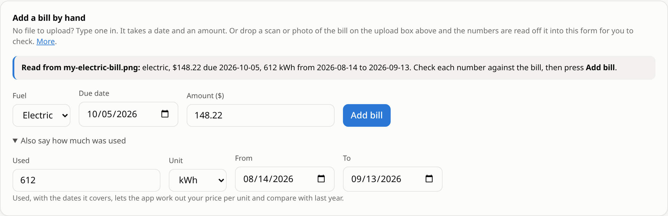 After a scan: a line saying what was read from the file, and the by-hand form filled in with the amount, due date and usage