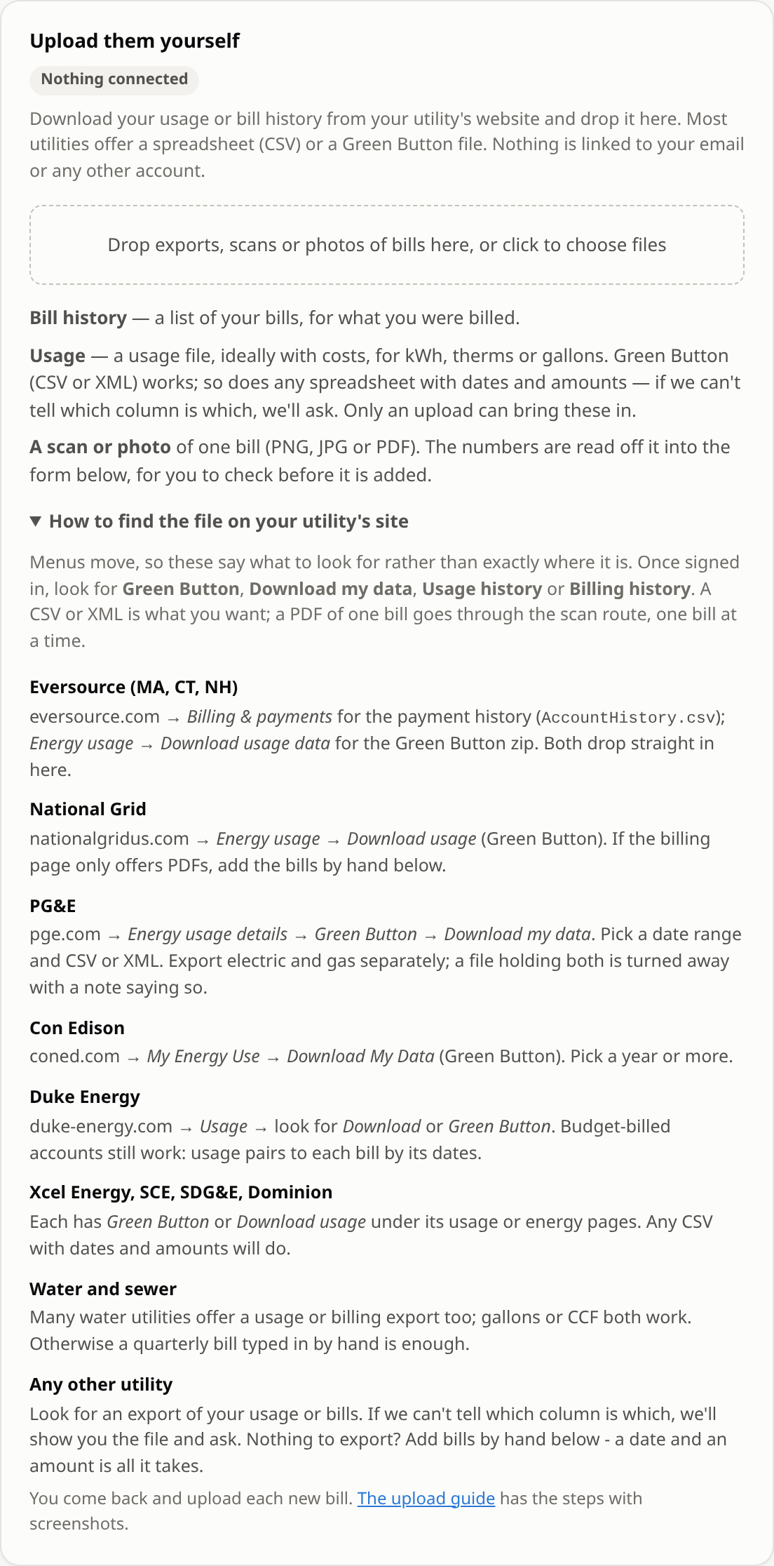 The Upload them yourself card with its drop box and the list of utilities